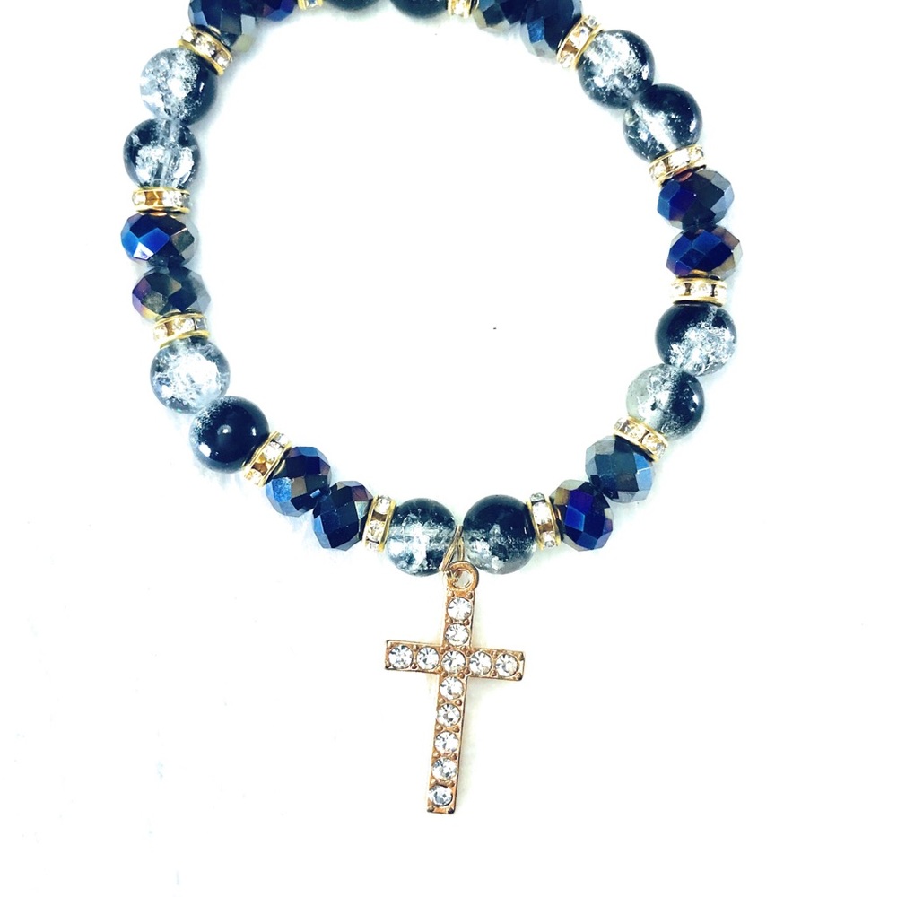 Blue Bracelet glass beads and rhinestone